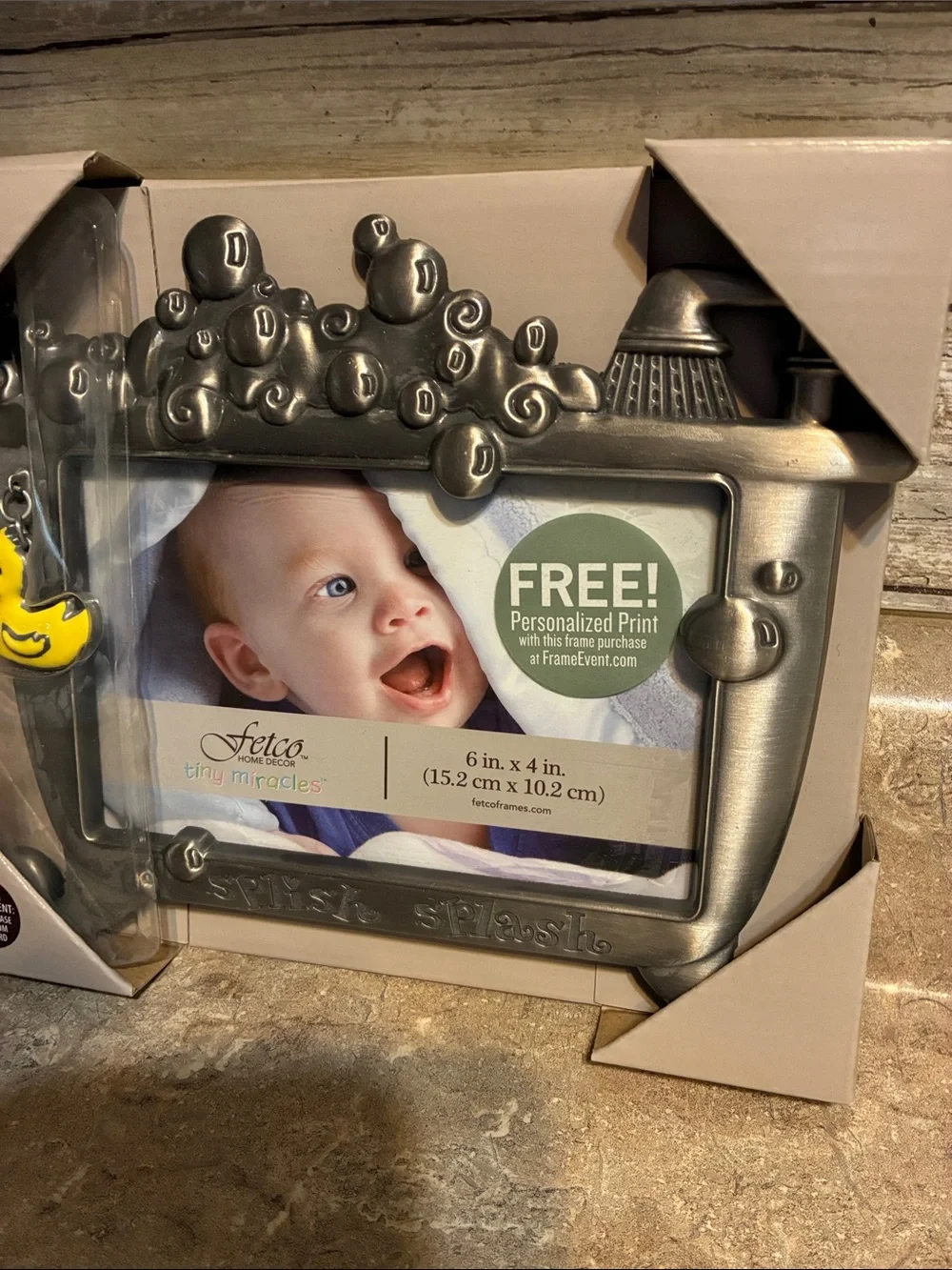 Fetco Silver 'Splish Splash' Baby Photo Frame with Rubber Duck Charm 6 inchx4 in